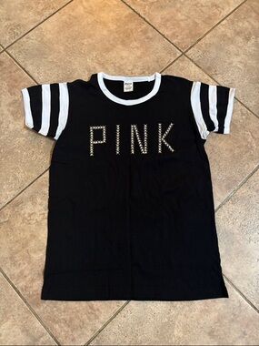 PINK Victoria's Secret Black Tee with White Trim and Studded Logo